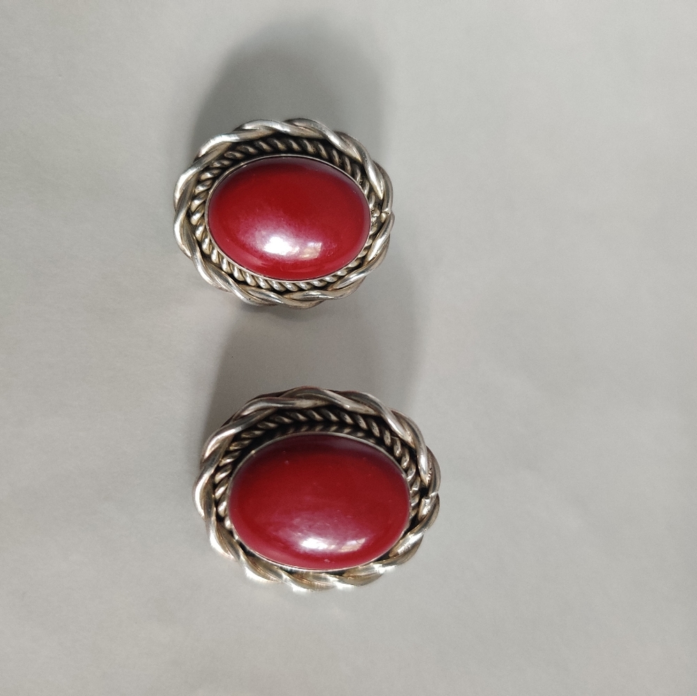 VTG 70s Taxco Silver clip earrings with red coral - Picture 5 of 9